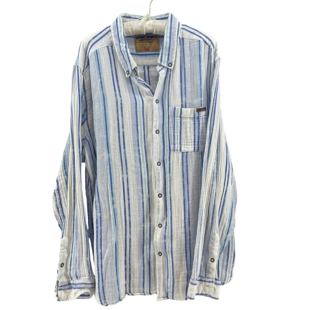 Seven7 Jeans Co Button Down Shirt Men XXL Blue White Stripe Cotton Gauze Coastal